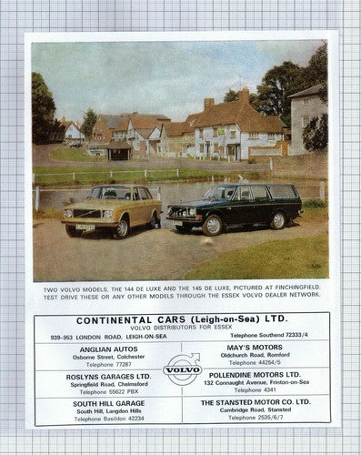 (5607) Volvo Models Finchingfield Continental Cars Leigh on Sea - 1972 Cutting