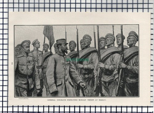 General Gouraud Inspecting Russian Troops At Mailly WW1 - 1916 Cutting
