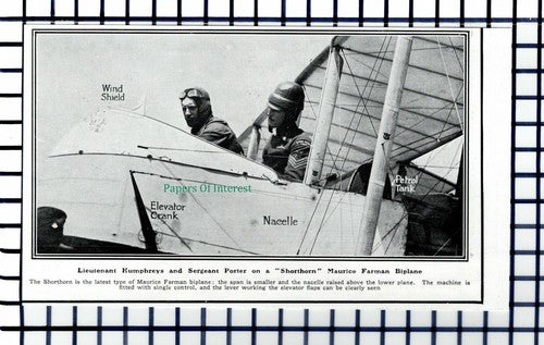 C6095) Lieut Humphreys Sergeant Potter Maurice Farman Biplane - 1914 Cutting