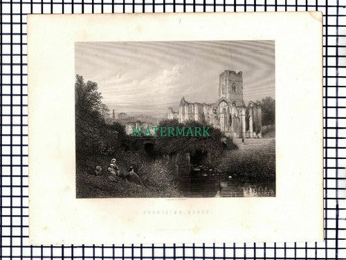 X1589) Fountains Abbey - c.1870 Print (Marks To Border Area)