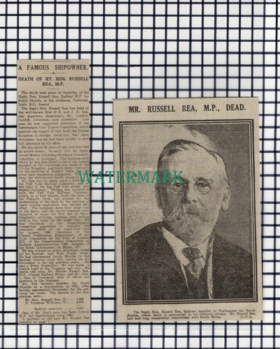 (8281) Rt Hon Russell Rea South Shields MP Shipowner Dies -1916 2-Part Cutting