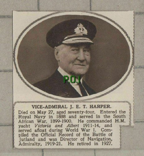 C1511) Vice Admiral J E T Harper Royal Navy Obituary - 1949 Cutting SMALL!