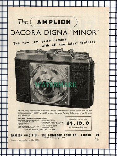 (7098) PAPER ITEM!! Amplion Dacora Digna Minor Camera ADVERT - 1954 CUTTING