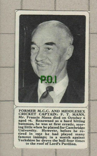 (5440) Mr Francis Mann Middlesex Cricket Captain - 1964 SMALL Clip