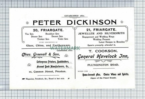 C7419) PRESTON Peter Dickinson Greenall General Havelock Advert - 1902 Cutting