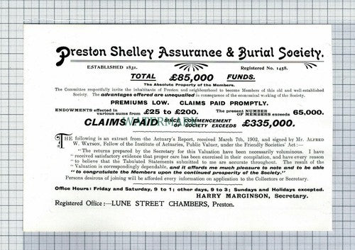 C7416) PRESTON Shelly Assurance Harry Marginson Advert Alfred W Watson - 1902