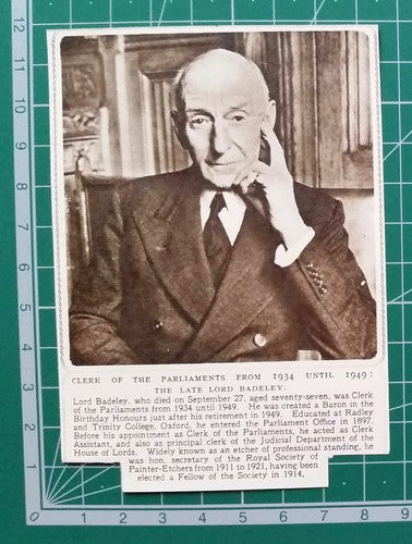 Lord Badeley Clerk of the Parliaments Etcher Obituary - 1951 Clipping