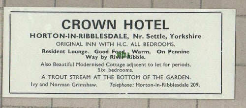 (C578) Crown Hotel Horton In Ribblesdale Ivy & Norman Grimshaw - c.1960s Cutting