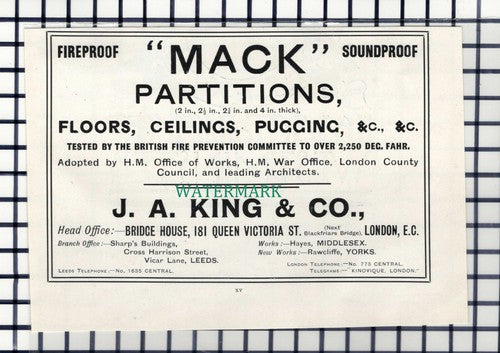C7276) J A King & Co Mack Partitions London Advert - 1903 Cutting