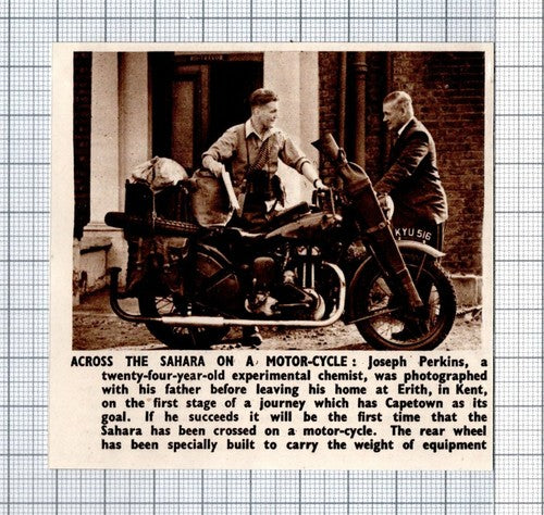 Joseph Perkins Erith Kent Motorcycle Capetown Sahara - 1950 Small News Clipping