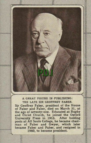 Sir Geoffrey Faber House of Faber Obituary - 1961 SMALL News Clipping