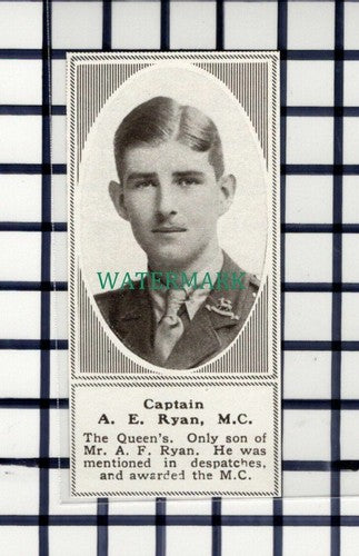 C5283) Captain A E Ryan The Queen's World War One WW1 - 1918 SMALL Cutting