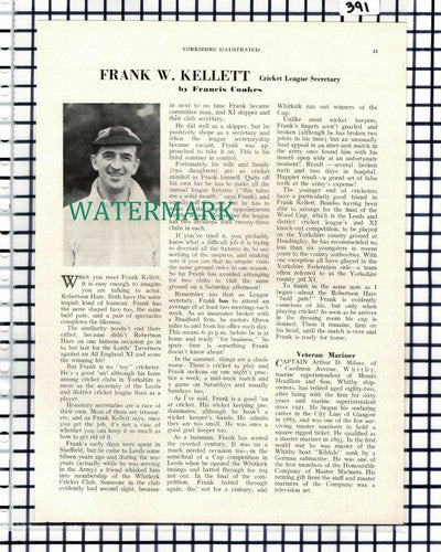 Frank W Kellett Cricket League Secretary Yorkshire - 1952 Article