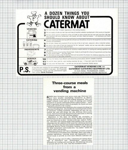Catermat Vending Ltd Thundersley Essex Derek Pritchard - 1977 TWO-PART Cutting