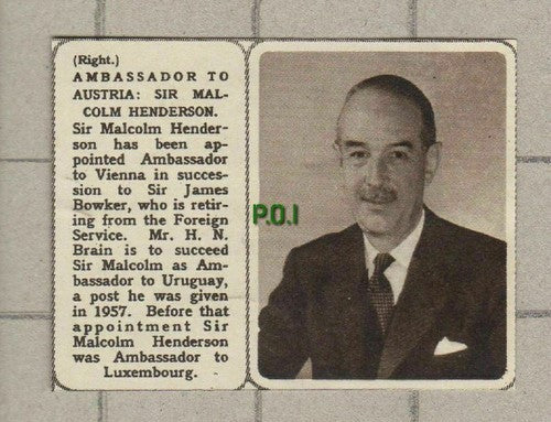 Sir Malcolm Henderson Ambassador To Austria - 1961 SMALL News Clipping