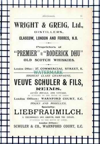C6411) Wright & Greig Ltd / Veuve Schuler & Fils Advert - 1906 Cutting