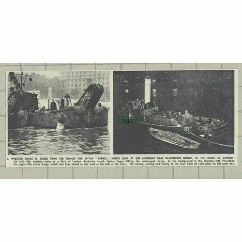 Submerged BARNES Barge Boat Blackfriars Bridge London - 1951 News Cutting