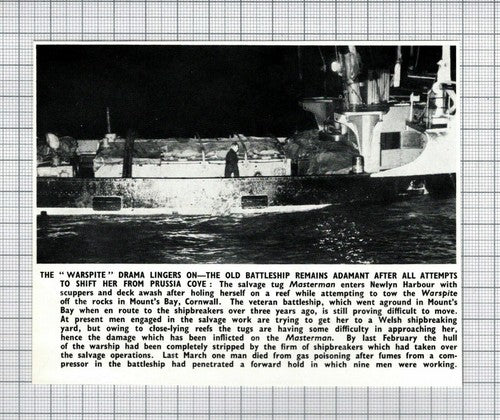 Warspite Battleship Newlyn Harbour Salvage Tug Masterman - 1950 Small Cutting