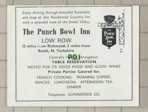 (C571) The Punch Bowl Inn Low Row Richmond Yorkshire - c.1960s Cutting