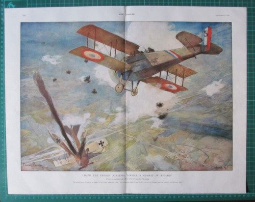 French Air Squadron Aviation Service Biplane World War One Flameng - 1918 Print