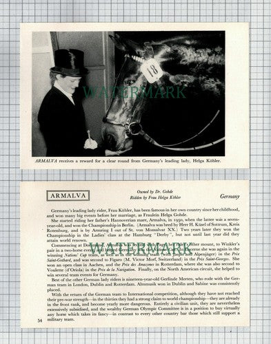 Frau Helga Kohler Horse ARMALVA Dr Gohde Germany - 1956 2-Part Cutting / Print