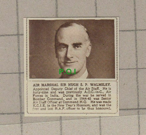 C2137) Air Marshal Sir Hugh S P Walmsley - 1948 Clip SMALL!