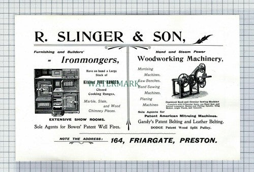 C7427) PRESTON R Slinger & Son Ironmongers Advert - 1902 Cutting