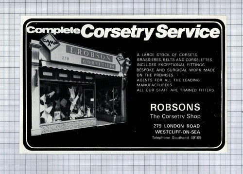 E Robson Robson's Corsetry Shop Westcliff on Sea Essex - 1974 Advert