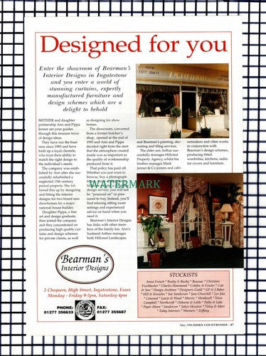 Bearman's Interior Designs Ingatestone Essex Advert - 1996 Cutting / Print