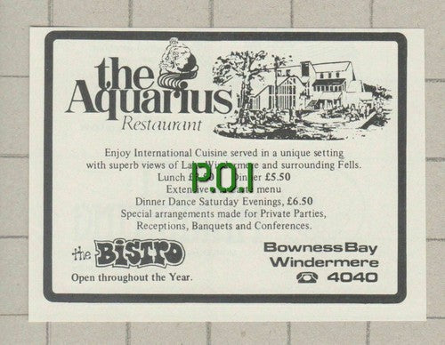 The Aquarius Restaurant Bowness Bay Windermere - 1978 Small Advert