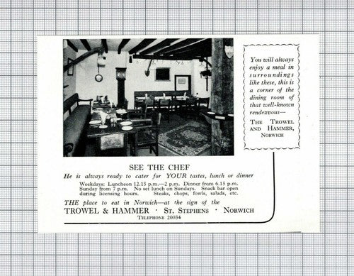 THE Trowel & Hammer St Stephens Norwich Norfolk - 1954 Small Advert