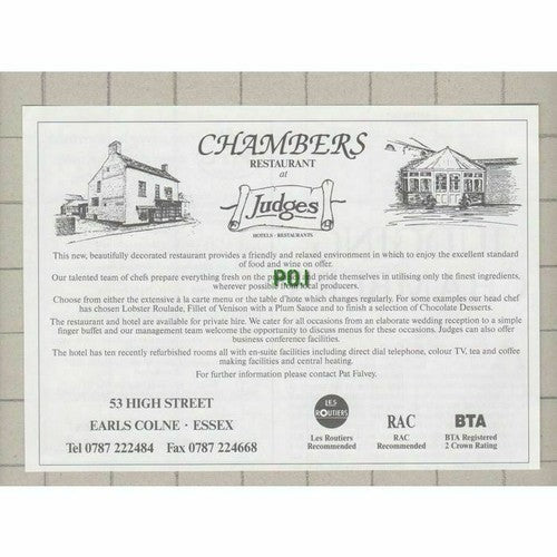 Chambers Restaurant Judges Earls Colne Essex - 1991 Advert
