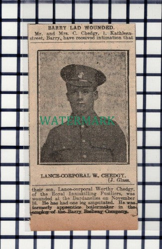C7129) Lance Cpl Worthy Chedgy Barry Royal Inniskilling Fusiliers - 1916 Cutting