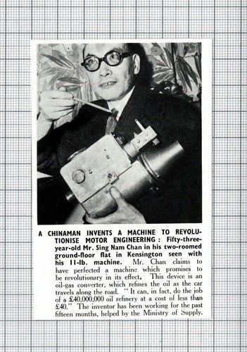 Mr Sing Nam Chan Kensington Motor Engineering Invention - 1950 Small Clipping