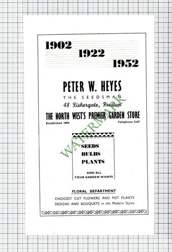 Peter W Heyes Seedsman Garden Store Preston Advert - 1952 Cutting