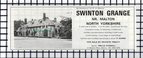 C7339) Swinton Grange Malton Yorkshire Behrens House Sale Advert - 1978 Cutting