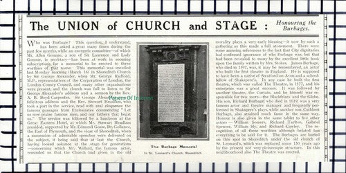 C6068) Burbage Memorial St Leonard's Church Shoreditch Allen Gomme 1914 Cutting