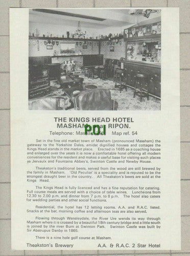 King's Head Masham / Jet Miners Inn Great Broughton Yorkshire - c.1970s Advert