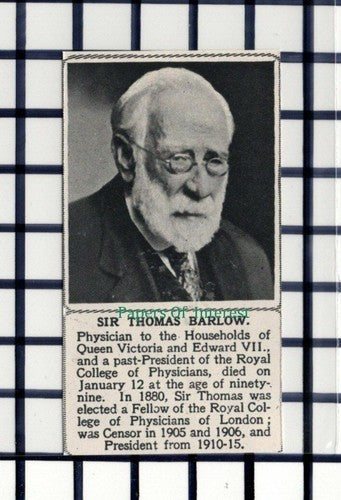 C5779) Sir Thomas Barlow Royal Physician Obituary - 1945 SMALL Cutting