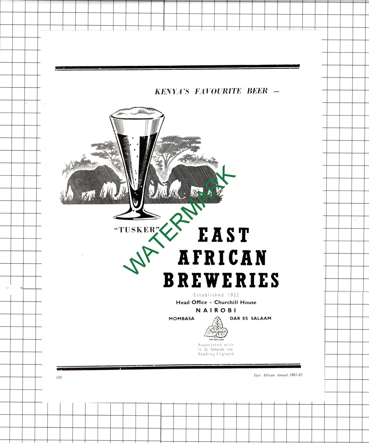 East African Breweries Churchill House Nairobi Kenya Tusker Beer 1951 Advert