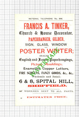 Francis A Tinker Decorator Sheffield Small Advert - 1897 Cutting