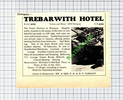 Trebarwith Hotel Newquay Cornwall Mr & Mrs Tarrant Advert - 1965 Small Cutting