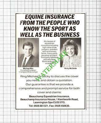 Michael Mac Nicky MdDaide Beauchamp Equestrian Insurance Small Advert - 1989