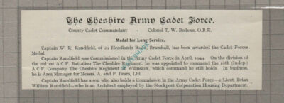 C3648) Captain W R Randfield Bramhall Cheshire Regiment Medal -1956 Clip