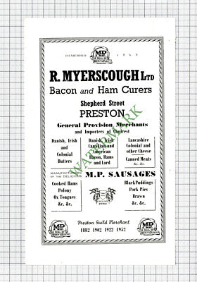 C5665) R Myerscough Ltd Butcher Preston Advert - 1952 Cutting