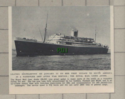 C974) Royal Mail Liner ANDES Troopship Harland & Wolff - 1948 Cutting
