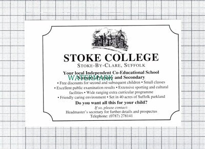 C5954) Stoke College Stoke By Clare Suffolk Advert - 1994 Small Cutting