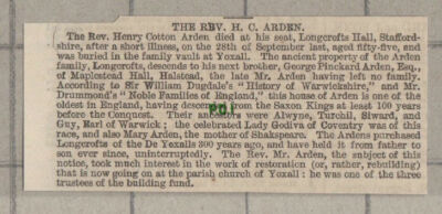 C1271) Rev Henry Cotton Arden Longcrofts Hall Staffordshire - 1865 Cutting