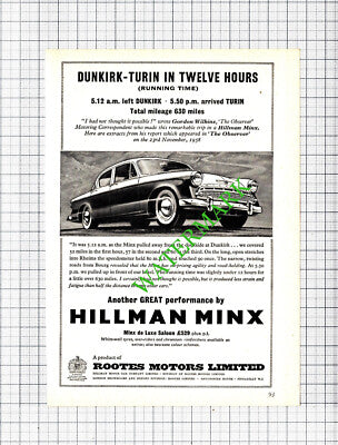 Hillman Minx Car Gordon Wilkins Dunkirk Turin Small Advert - 1959 Cutting