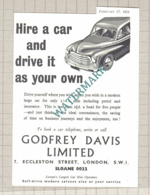 C3044) Godfrey Davis Ltd Car Hire Advert SMALL - 1951 Clip